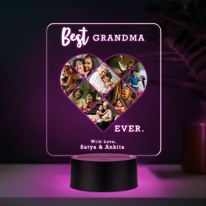 Personalized Best Grandma Ever LED Night Light, Heart Photo Collage Frame with Multicolored Light Memorable Gift for Dadi Maa